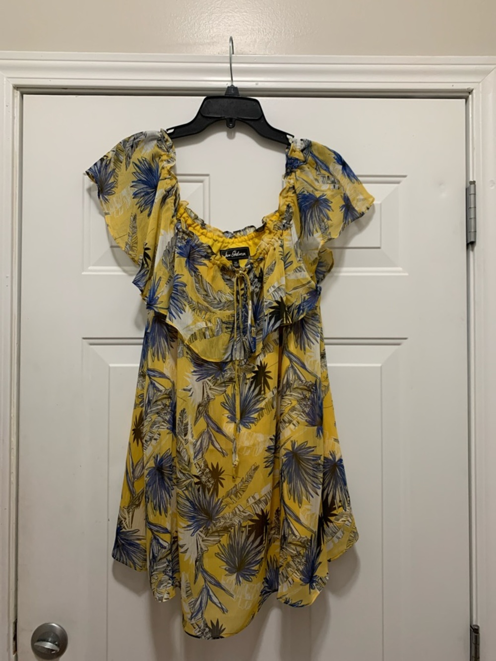 NWOT Sam Edelman Yellow Tropical Print Blouse with Blue Palm Print Trim Size 1X